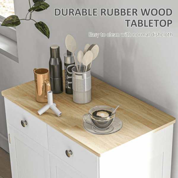 Sideboard with Solid Wood Countertop, Modern Kitchen Storage Cabinet, Coffee Bar Cabinet with 2 Drawers, Doors and Adjustable Shelf, Distressed White - Image 5