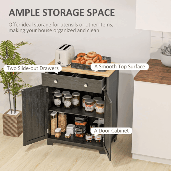 Sideboard with Solid Wood Countertop, Modern Kitchen Storage Cabinet, Coffee Bar Cabinet with 2 Drawers, Doors and Adjustable Shelf, Distressed Black - Image 4
