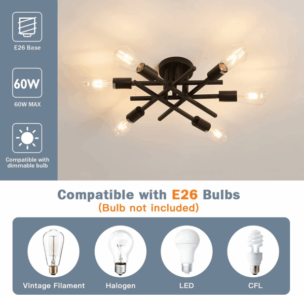 Semi Flush Mount Modern Ceiling Light Fixture， 6 Lights Black Vintage Matte Sputnik Chandelier Ceiling Lamp with E26 Bulb Base for Farmhouse Dining Room Living Room Bedroom Study Kitchen - Image 5
