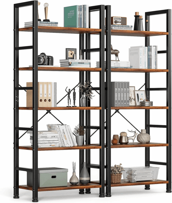 5-Tier Book Shelf Tall Modern Bookcase Set of 2 for Books, Cds, Movies, Storage and Organization Bookshelf Industrial Home Decor for Bedroom Office Kitchen Living Room, Rustic Brown
