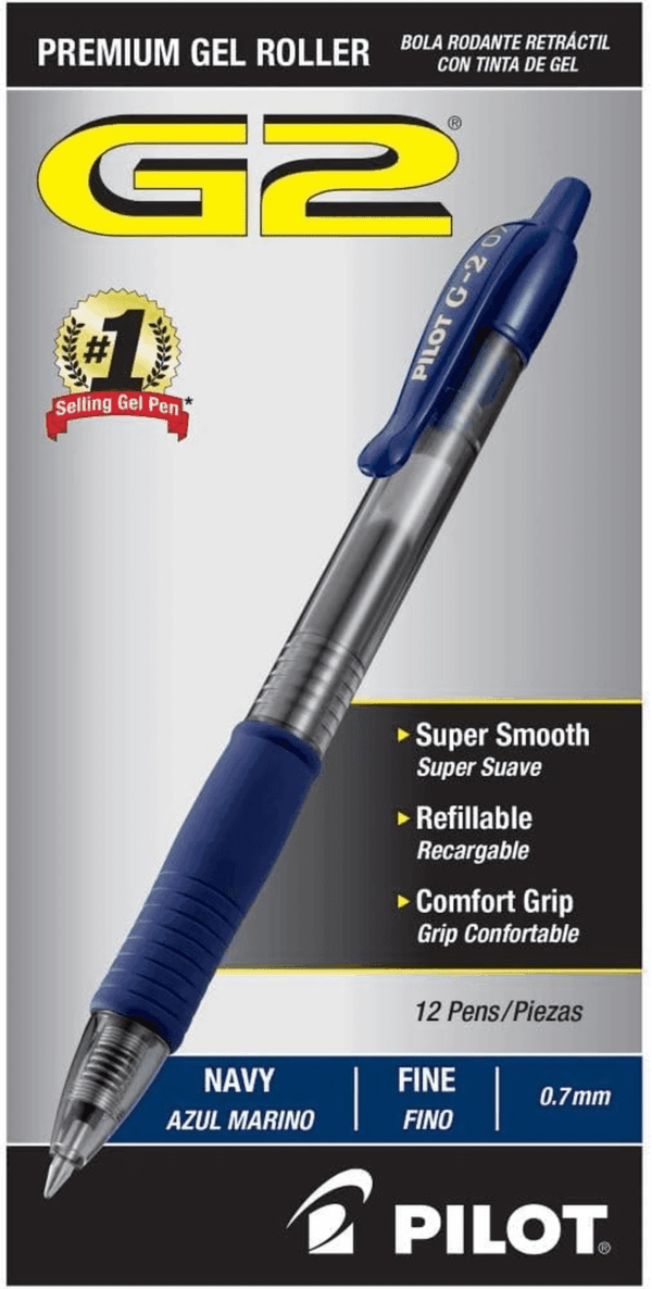 , G2 Premium Gel Roller Pens, Fine Point 0.7 Mm, Navy Blue, Pack of 12