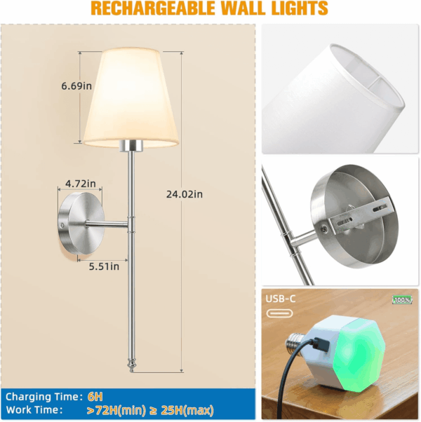 Battery Operated Wall Sconce Set of 2,Brushed Nickel Rechargeable Wall Lights with 5200Mah Dimmable Detachable Bulbs and Remote, 10 Colors Wireless Sconces for Bedroom Living Room Hallway - Image 7