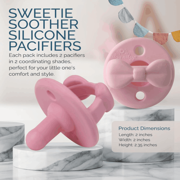 Silicone Pacifiers for Newborn - Sweetie Soother Pacifiers Feature Collapsible Handle & Two Air Holes for Added Safety; for Ages Newborn and Up, Set of 2 in Light Pink & Dark Pink - Image 5