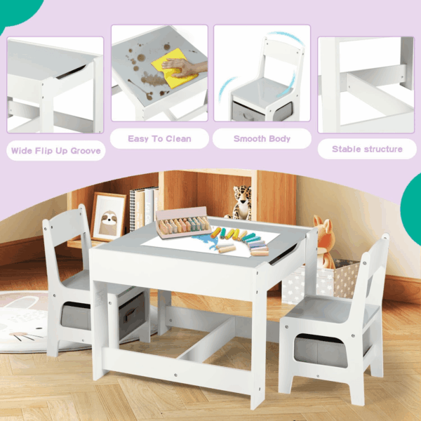 Kids Wood Table & 2 Chairs Set, 3 in 1 Children Activity Table W/Storage, Removable Tabletop, Blackboard, 3-Piece Toddler Furniture Set for Art, Crafts, Drawing, Reading, Playroom, Grey - Image 6