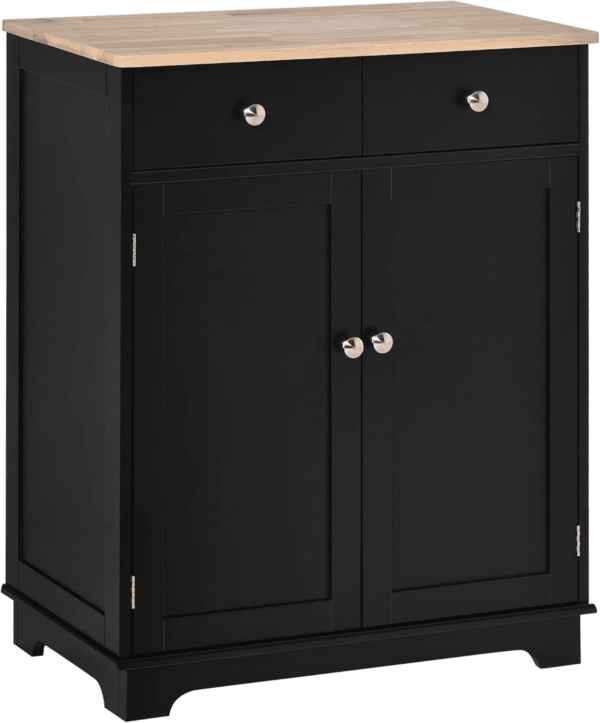 Sideboard with Solid Wood Countertop, Modern Kitchen Storage Cabinet, Coffee Bar Cabinet with 2 Drawers, Doors and Adjustable Shelf, Black