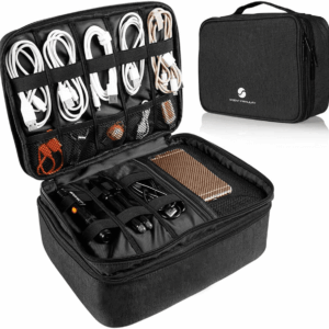 Travel Electronics Organizer, Waterproof Cable Organizer Bag for Electronic Accessories Double Layer Large Shockproof Cable Storage Bag for Cord, Power Bank, Tablet(Up to Ipad 11 Inch) - Black
