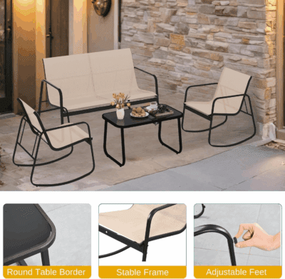 4-Piece Patio Furniture Set, Textilene Conversation Set with 2 Rocking Chairs and Tempered Glass Coffee Table, Perfect for Indoor Patio Lawn Garden Poolside, Brown - Image 3