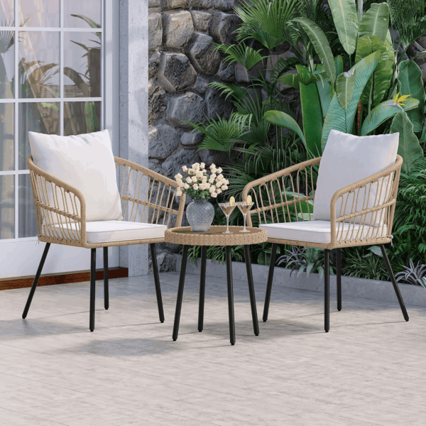 3 Pieces Outdoor Wicker Patio Conversation Bistro Set, All-Weather Rattan Patio Furniture Set with Table & Cushions, Outdoor Sectional Sofa for Patio, Balcony, Backyard, Deck - Image 9