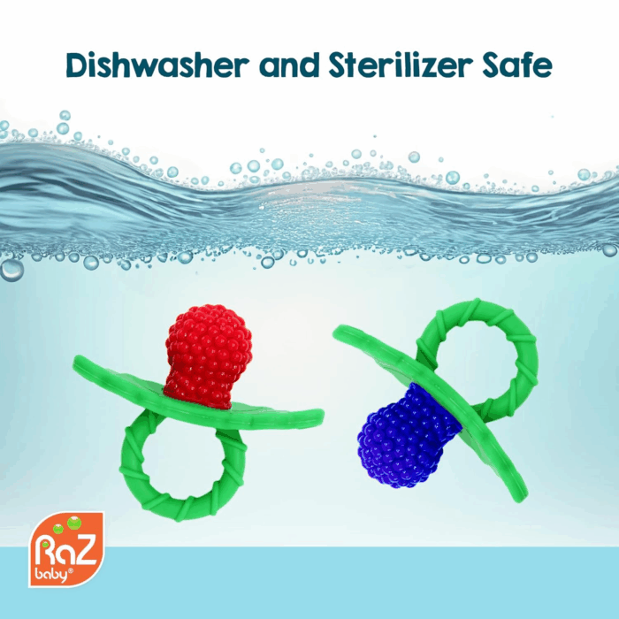 Razberry Silicone Teether Pacifier – Teething Relief for Infants, Food-Grade, Bpa-Free, Hands-Free, Natural Berrybumps Fruit Texture for Sensory Development, Freezable, 2-Pack - Red & Blue - Image 5