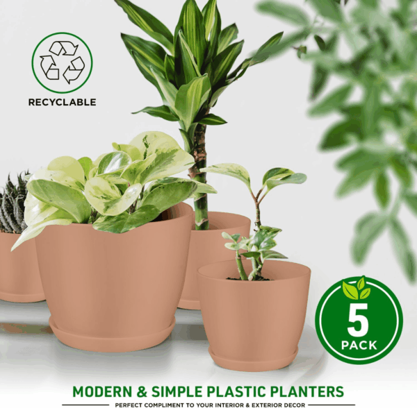 Planter Pots with Drainage Holes - Lightweight, Durable, and Space-Saving Pots for Indoor and Outdoor - Versatile Functionality, Simple Modern Design, Set of 5 Plastic Planter Pots - Pink - Image 4