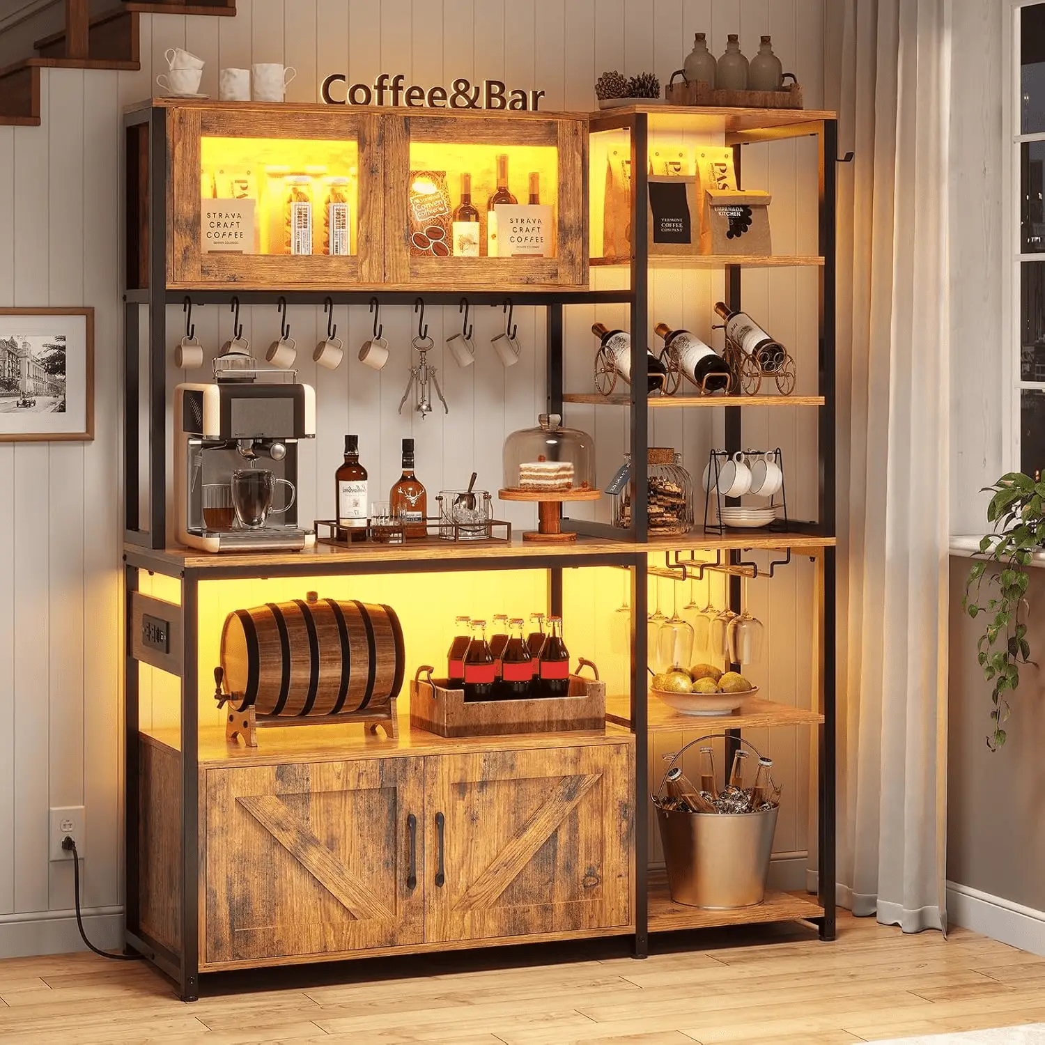 Bakers Rack with Power Outlet and LED Light, 45.3 Inch Farmhouse Coffee Bar Cabinet, Kitchen Microwave Stand with Storage, Glass Cabinet, Goblet Holder and 8 Hooks (Rustic Brown) - Image 7