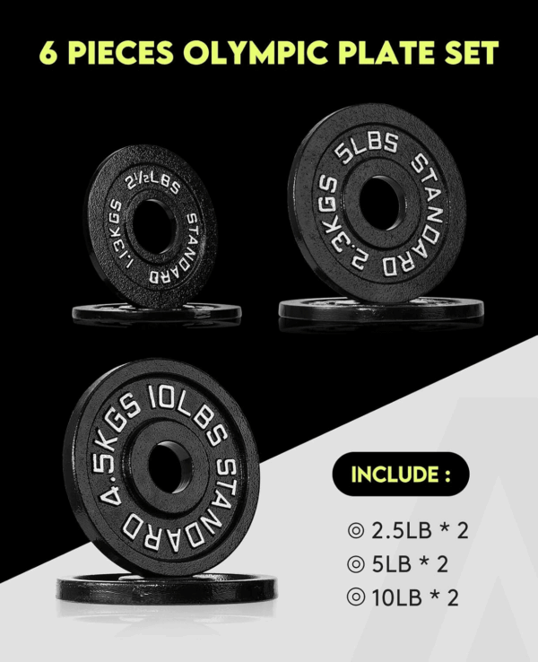 Cast Iron 2-Inch Olympic Weight Plates Set for Strength Training, Barbell Free Weight Plate Set for Weightlifting in Home Gym, Multiple Sizes from 2.5LB to 40LB - Image 2