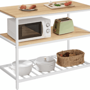 Kitchen Island with 3 Shelves, 47.2 Inches Width Kitchen Shelf with Large Worktop, Stable Steel Structure, Industrial, Easy to Assemble, Oak Color and White UKKI001W09