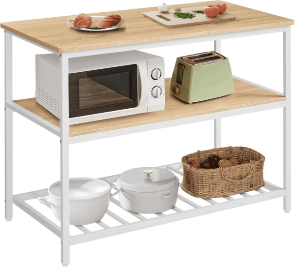 Kitchen Island with 3 Shelves, 47.2 Inches Width Kitchen Shelf with Large Worktop, Stable Steel Structure, Industrial, Easy to Assemble, Oak Color and White UKKI001W09