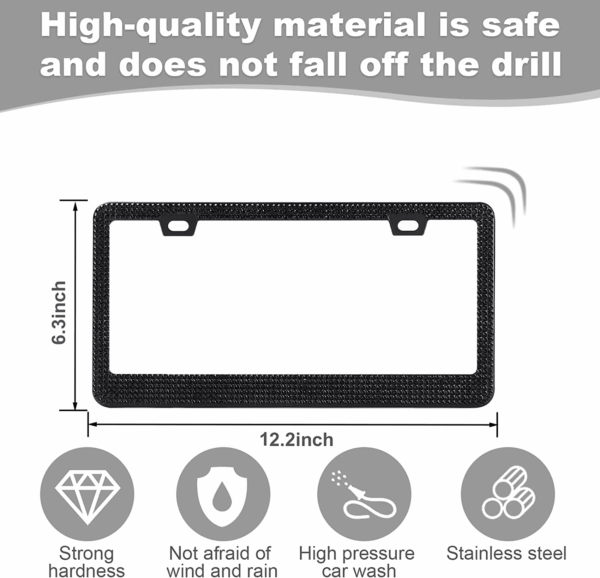 2 Pack Bling License Plate Frames for Women, Sparkly Rhinestone Diamond Car Accessories with Glitter Crystal Caps (Black) - Image 4