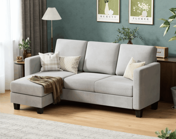 Convertible Sectional Sofa Couch, 3 Seat L-Shaped Sofa with Linen Fabric Ottoman Small Couch for Small Apartments, Living Room and Office (Linen Fabric, Light Gray) - Image 3
