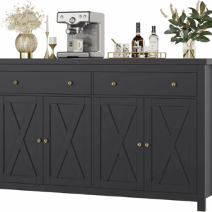 Sideboard Buffet Cabinet with Storage, 55" Large Kitchen Storage Cabinet with 2 Drawers and 4 Doors, Wood Coffee Bar Buffet Table for Kitchen Dining Room, Black