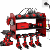 HOEMASY Power Tool Organizer Wall Mount, 3-Tier with 4 Outlet Charging Station | 100Lbs Load Heavy Duty Garage Storage Rack for Drills, Batteries, Tools | Gift for Men, Dad, Workshop & Pegboard Red