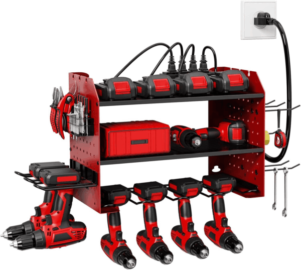 HOEMASY Power Tool Organizer Wall Mount, 3-Tier with 4 Outlet Charging Station | 100Lbs Load Heavy Duty Garage Storage Rack for Drills, Batteries, Tools | Gift for Men, Dad, Workshop & Pegboard Red