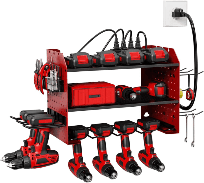 HOEMASY Power Tool Organizer Wall Mount, 3-Tier with 4 Outlet Charging Station | 100Lbs Load Heavy Duty Garage Storage Rack for Drills, Batteries, Tools | Gift for Men, Dad, Workshop & Pegboard Red