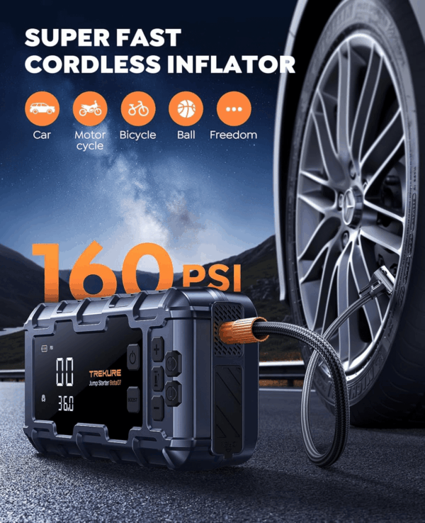 10-In-1 Car Battery Jump Starter with Air Compressor 6000A 160PSI 45W Charger, Jump Starter Jump Box (All Gas 12L Diesel), Car Battery Jumper Starter Portable Jumper Cables, Gloves, Lights - Image 3