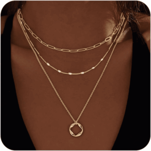 Layered Gold Necklaces for Women,Stackable Dainty 14K Gold Silver Plated Trendy Circle Paperclip Chain Pendant Choker Necklace,Simpl Diamond Cross Bow Jewelry Set Gifts for Women