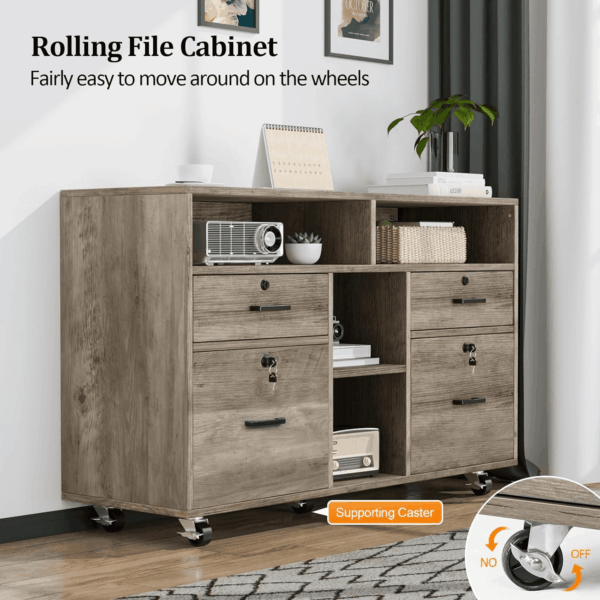 Wide 4 Drawer File Cabinet with Lock, Rustic Grey Rolling File Cabinet with Open Shelves, Lockable Printer Stand, Letter Sized - Image 6