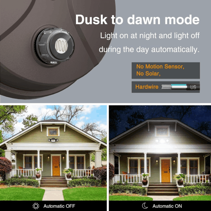 60W LED Dusk to Dawn Outdoor Lighting, 6000LM Exterior Flood Light, IP65 Waterproof Outdoor 3 Adjustable Heads Photocell Security Lights Fixture, 6500K Floodlights for Garage, Patio, Yard - Image 2