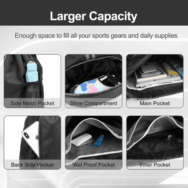 Sports Drawstring Backpack - String Swim Gym Bag with Shoes Compartment and Wet Proof Pocket for Women&Men - Image 4
