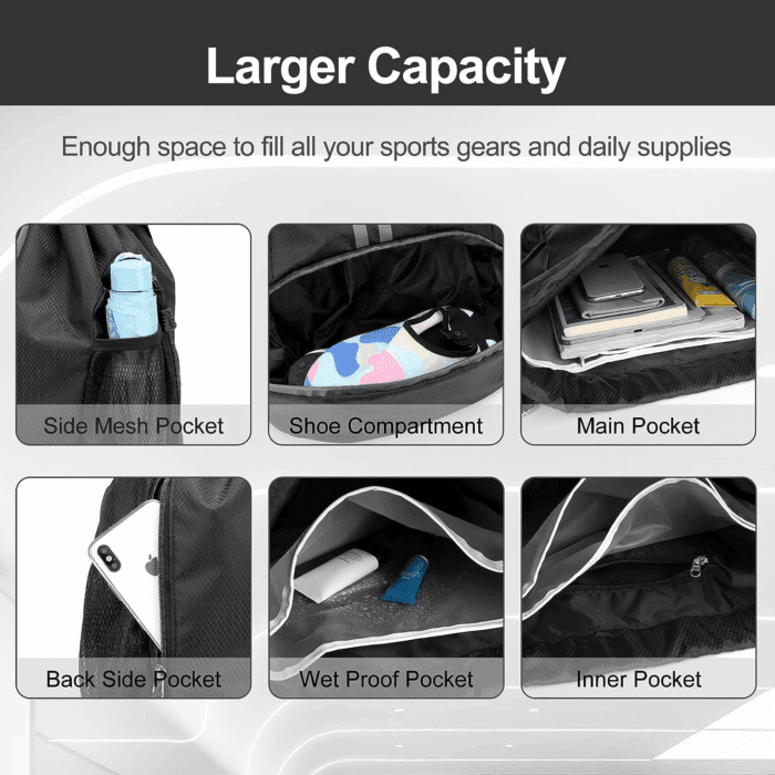 Sports Drawstring Backpack - String Swim Gym Bag with Shoes Compartment and Wet Proof Pocket for Women&Men - Image 4