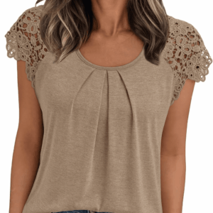 Womens Lace Tops Pleated Short Sleeve Shirts Summer Business Casual Dressy Blouses