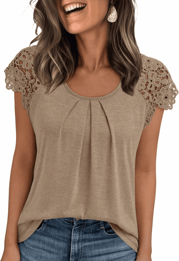 Womens Lace Tops Pleated Short Sleeve Shirts Summer Business Casual Dressy Blouses