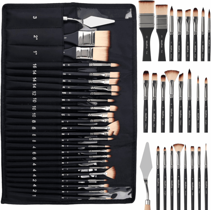 26Pcs Paint Brush Set, Professional Paintbrushes with Palette Knife, Craft Paint Brushes for Acrylic Painting, Oil, Watercolor, Gouache & Canvas, Drawing & Art Supplies for Adults, Kids Artists