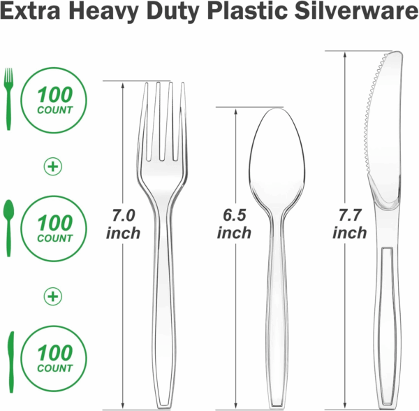 300 Count Extra Heavy Duty Clear Plastic Silverware, 100 Forks, 100 Spoons, 100 Knives, Bpa-Free, Heat Resistant, Disposable Plastic Utensils Set, Plastic Cutlery Set, Plasticware Bulk - Image 2