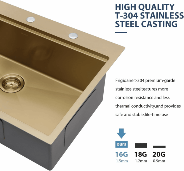 33 Drop in Kitchen Sink Workstation Gold 33X22 Drop in Sinks Stainless Steel 16 Gauge Single Bowl Handmade Topmount Kitchen Sink with Cutting Board - Image 4