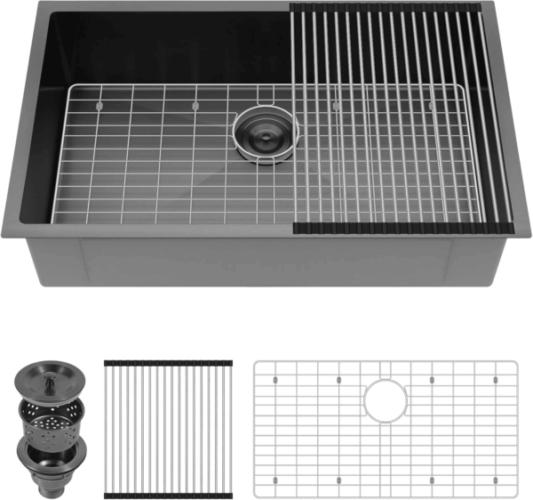 30 Inch Black Undermount Kitchen Sink -  Single Bowl Kitchen Sinks, 16 Gauge Stainless Steel Kitchen Sink Black with 4 Accessories, 30"X18"X9", Modern Design - Image 8