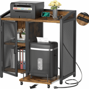 3-Tier Lateral Office Filing Cabinets with Socket and USB Charging Port, Modern Printer Stand and Paper Shredder Stand Rack with Wheels and Open Storage Shelves for Home Office, Rustic Brown