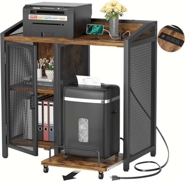 3-Tier Lateral Office Filing Cabinets with Socket and USB Charging Port, Modern Printer Stand and Paper Shredder Stand Rack with Wheels and Open Storage Shelves for Home Office, Rustic Brown