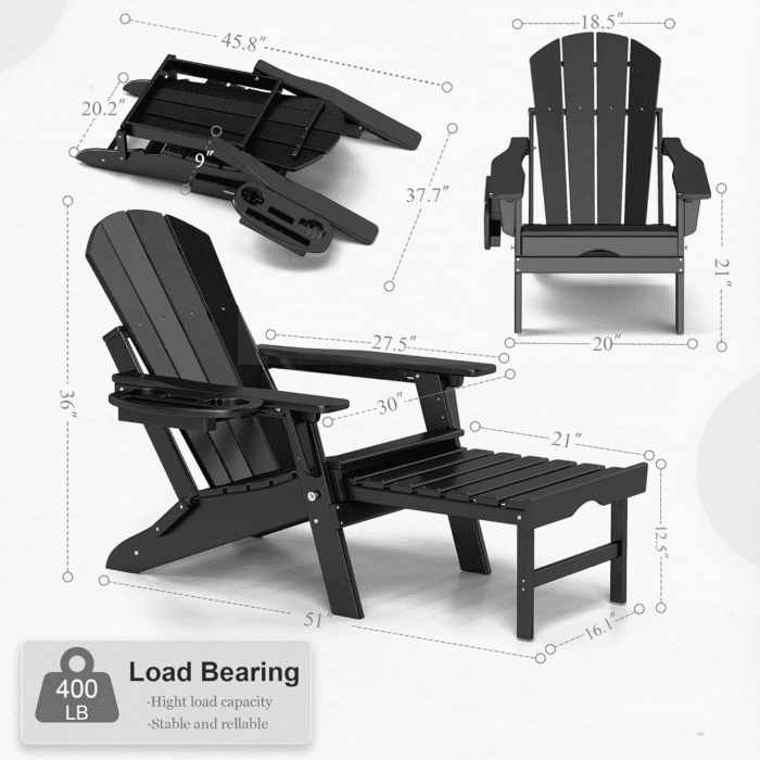 Adjustable Adirondack Chair with Retractable Ottoman, HDPE Folding Adirondack Chair with Cup Holder, All Weather Fire Pit Chair for Outdoor. - Image 3