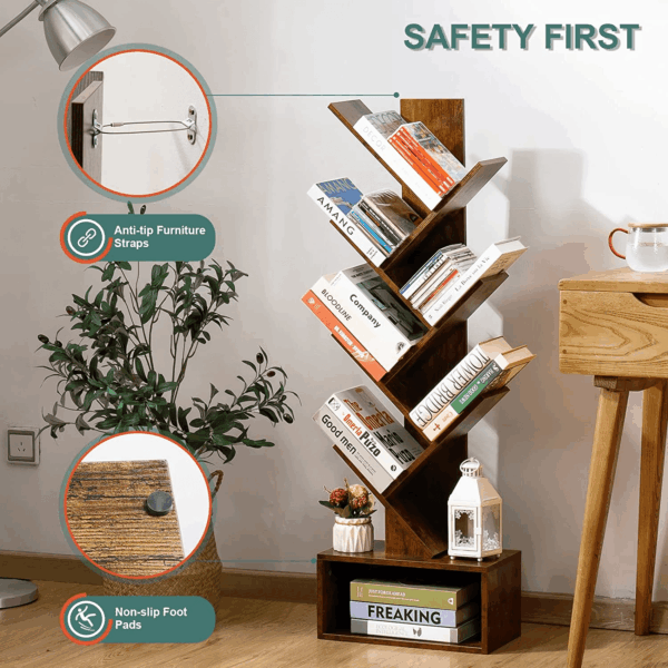 Tree Bookshelf - 6 Shelf Retro Floor Standing Bookcase, Tall Wood Book Storage Rack for Cds/Movies/Books, Utility Organizer Shelves Bedroom, Living Room, Home Office, Rustic Brown - Image 5