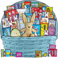 Blue Easter Basket for Kids and Adults (45Ct) - Already Filled Easter Gift Basket with Plush Easter Bunny, Candy, Snacks, and Treats - Boys, Girls, Grandchildren, Young Children, Toddlers, Men, Women