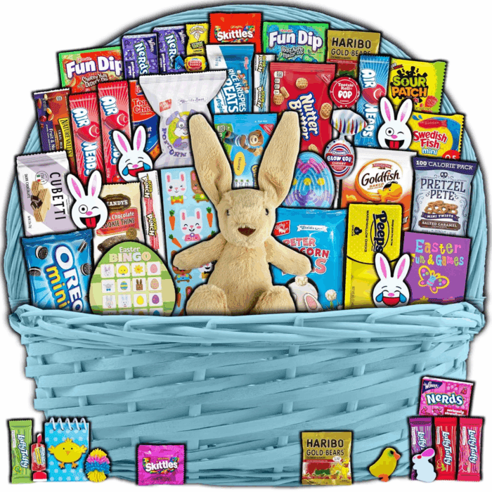 Blue Easter Basket for Kids and Adults (45Ct) - Already Filled Easter Gift Basket with Plush Easter Bunny, Candy, Snacks, and Treats - Boys, Girls, Grandchildren, Young Children, Toddlers, Men, Women