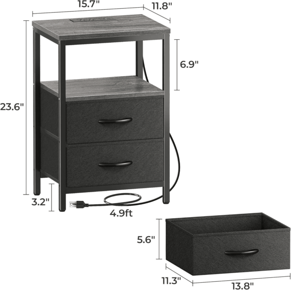 Nightstand with Charging Station, Side Table with Fabric Drawers, End Table with Open Shelf, Bedside Table with USB Ports and Outlets, Night Stand for Bedroom, Charcoal Gray - Image 7
