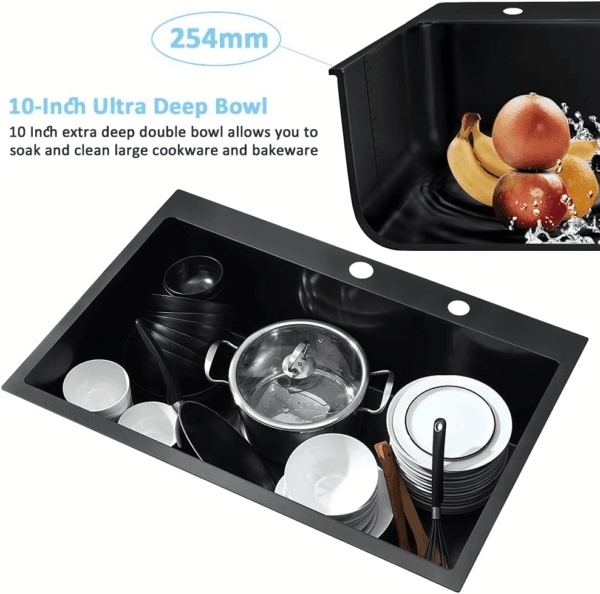33-Inch Black Stainless Steel Drop-In Kitchen Sink - 33X22 Topmount Single Bowl with Dish Grid & Roll up Rack - 16 Gauge Deep Matte Black - Image 7