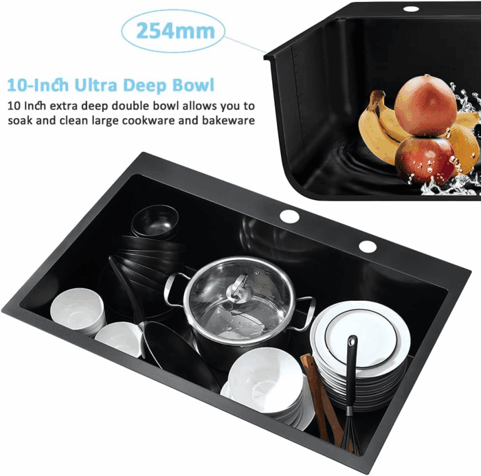 33-Inch Black Stainless Steel Drop-In Kitchen Sink - 33X22 Topmount Single Bowl with Dish Grid & Roll up Rack - 16 Gauge Deep Matte Black - Image 7