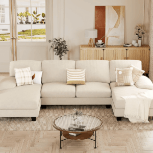 Sectional Couches for Living Room, U Shaped Couch with Chenille Fabric, 4 Seat Modern Sofa with Removable Pillows for Apartment and Small Space (Corduroy, Beige)