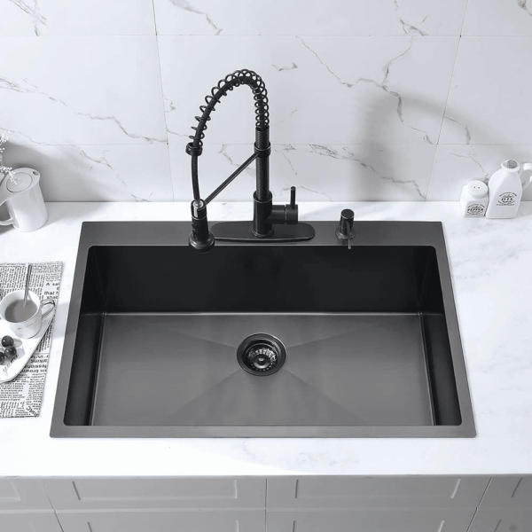 33-Inch Black Stainless Steel Drop-In Kitchen Sink - 33X22 Topmount Single Bowl with Dish Grid & Roll up Rack - 16 Gauge Deep Matte Black - Image 2