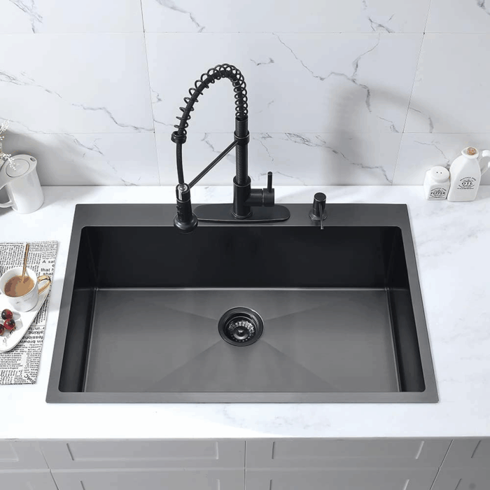 33-Inch Black Stainless Steel Drop-In Kitchen Sink - 33X22 Topmount Single Bowl with Dish Grid & Roll up Rack - 16 Gauge Deep Matte Black - Image 2