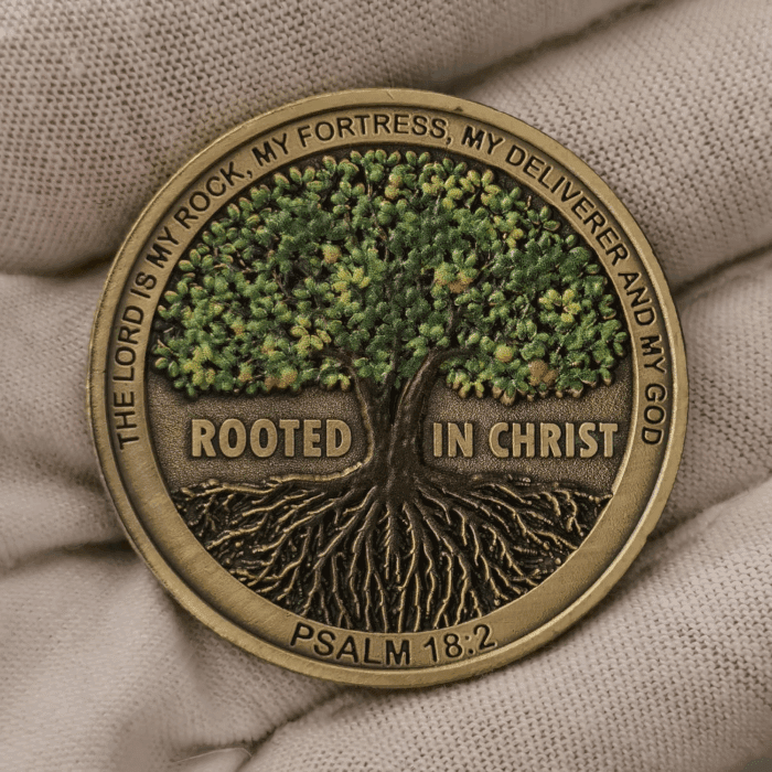 Rooted in Christ the Lord Is My Rock, My Fortress, My Deliverer Faith-Based Christian Challenge Coin Bible Verse Gift (Pack of 10) - Image 3