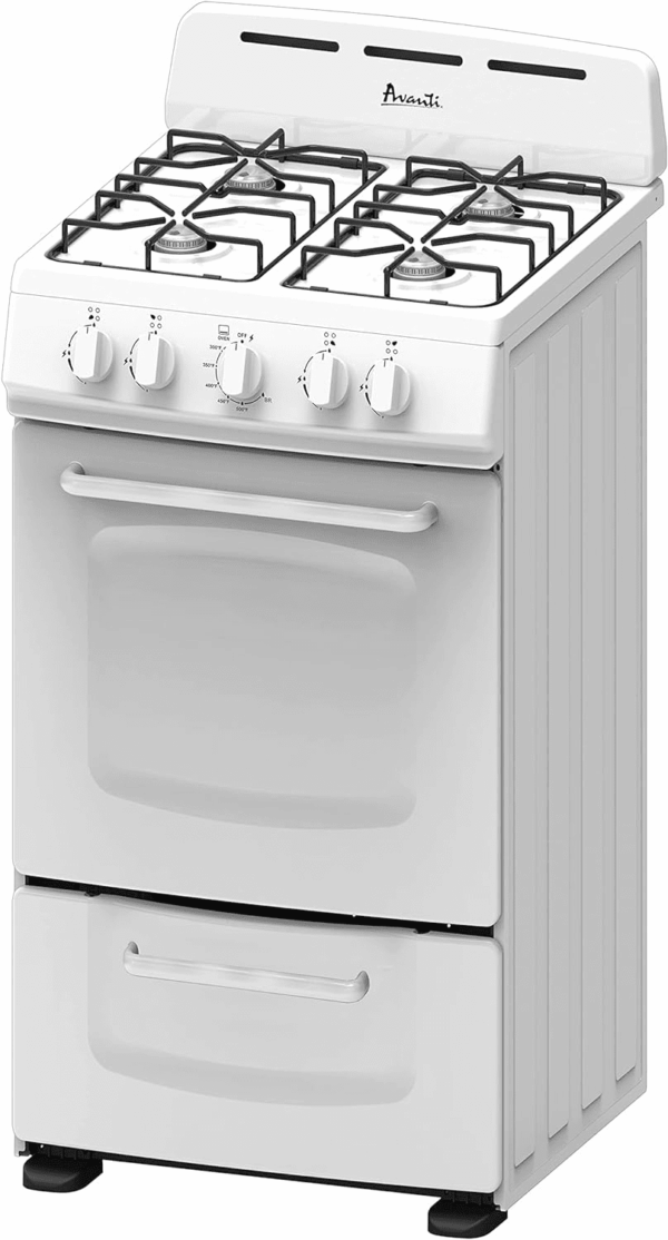 GRO20P0W Gas Range Oven Compact Freestanding Design, 4 Burners with Electronic Ignition, 2.1 Cu.Ft. Capacity Features Solid Door Storage Drawer Broiler and Accessories, 20-Inch, White